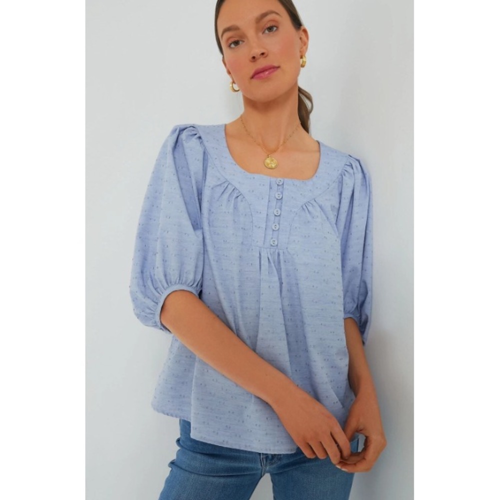 Pomander Place Womens Chambray Puff Sleeve Blouse Size XS Cottagecore Preppy